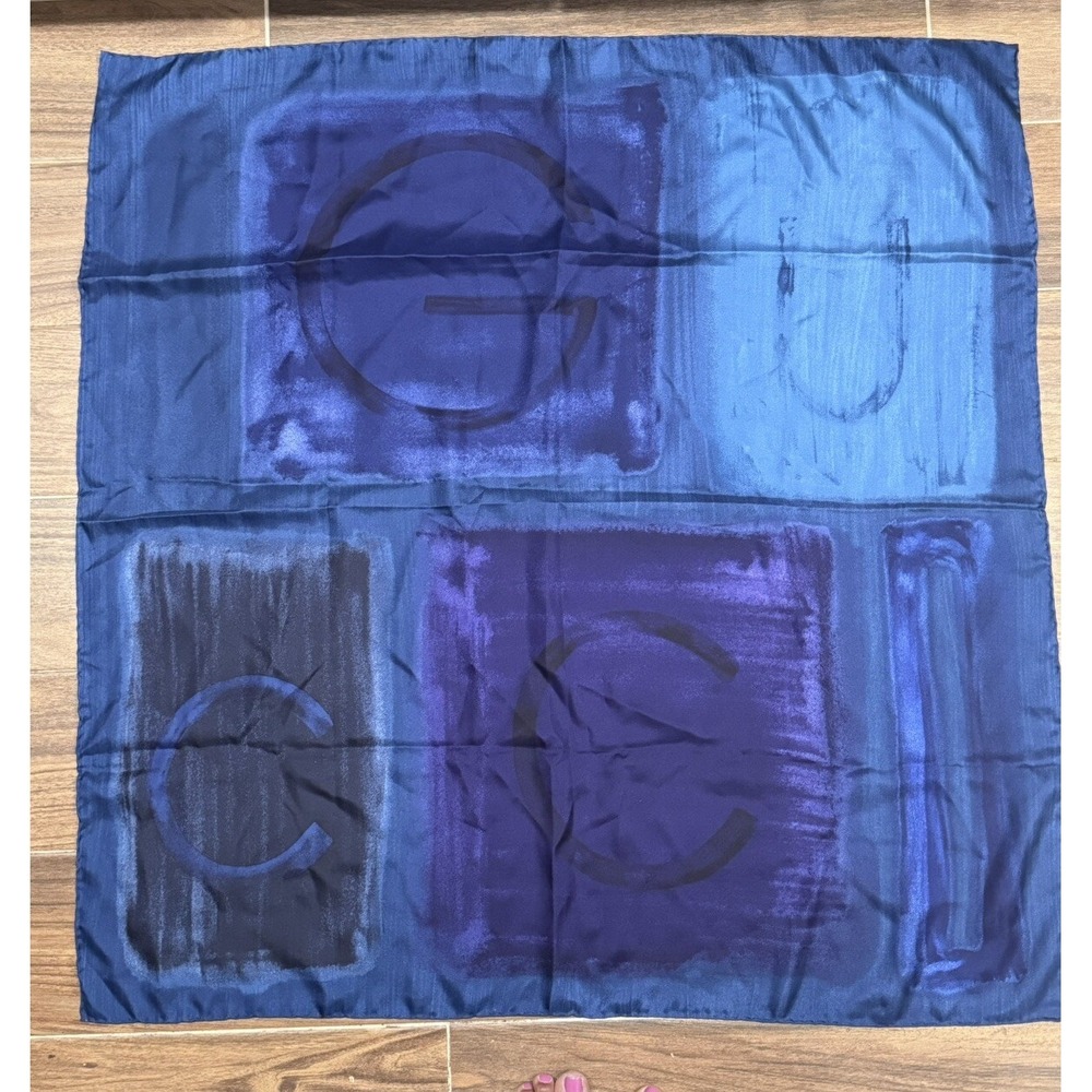 Gucci 100% Silk Monogram Letters Blue Purple Scarf Square